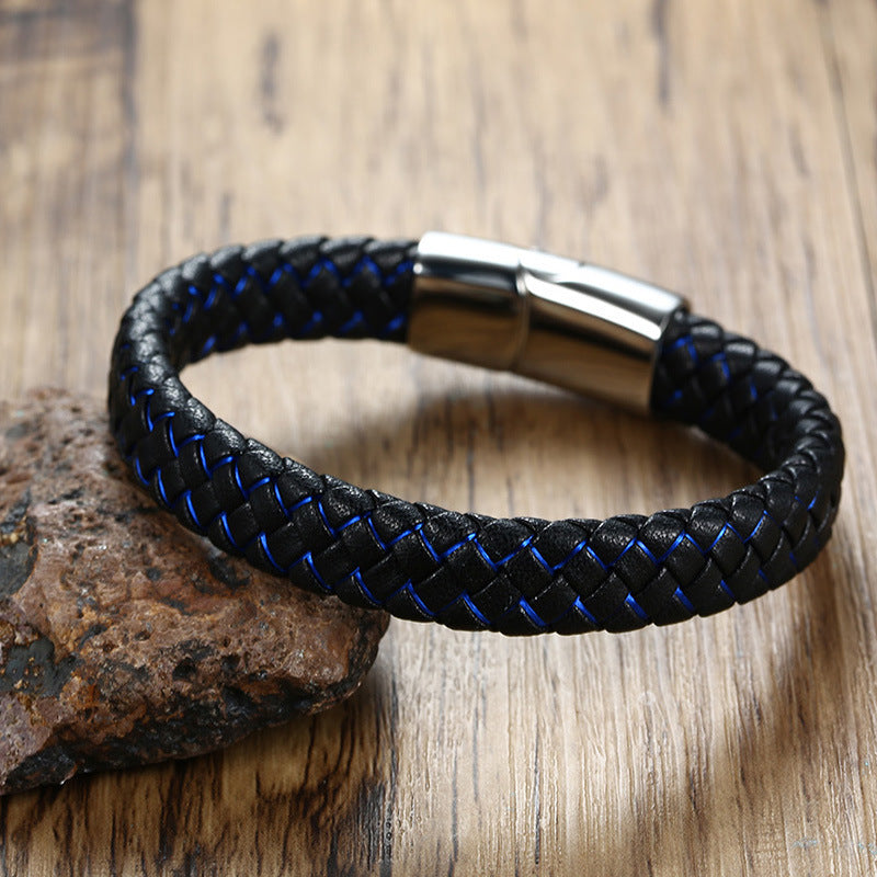 Stainless Medical Bracelet Men's Blue And Black Leather