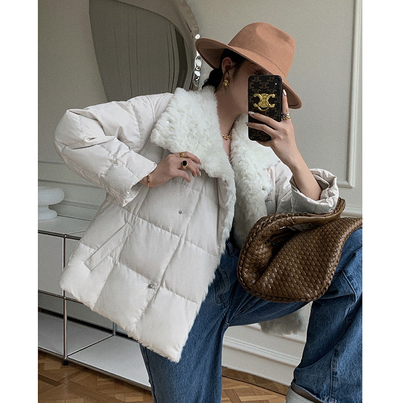 Patch Wool Lapel Down Jacket Women White Duck Down Mid-length Coat