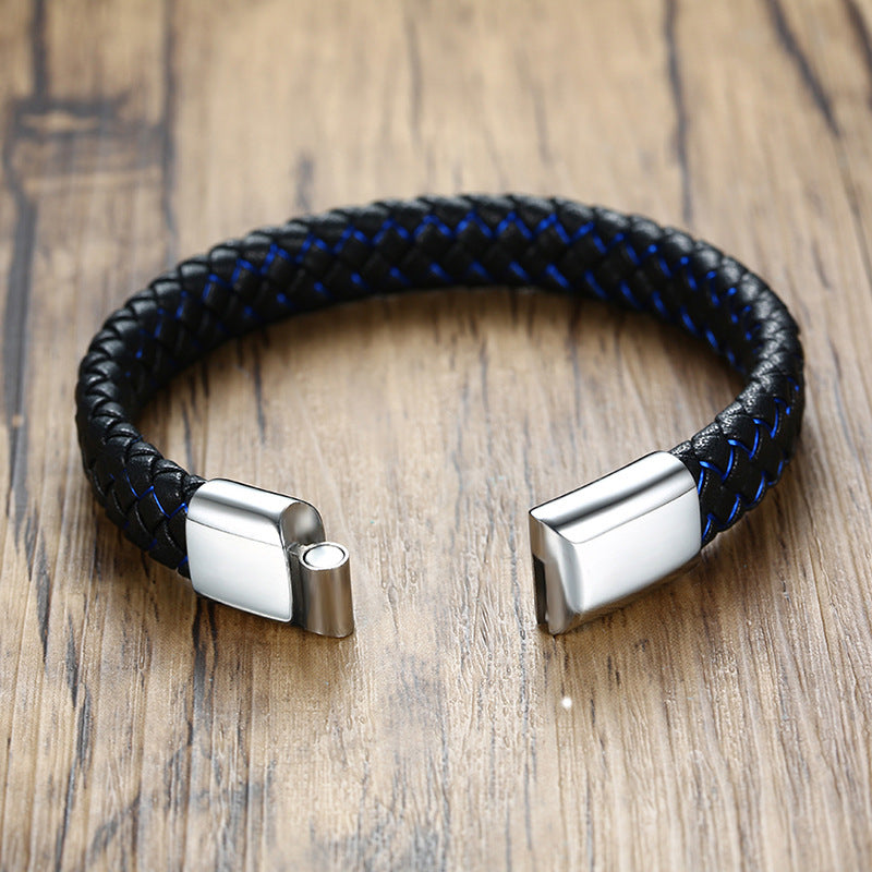 Stainless Steel Magnet Buckle Medical Bracelet Men's Leather Rope