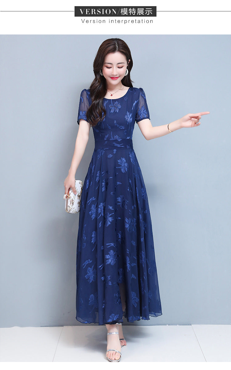 Summer Navy Print Long Dress Women Elegant Bodycon Short Sleeve Dress Chic Lady Vintage A-line Maxi Party Dresses