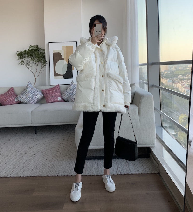 New Fashion Fur Collar Stitching White Temperament Commuter Stand-up Collar Down Jacket Women