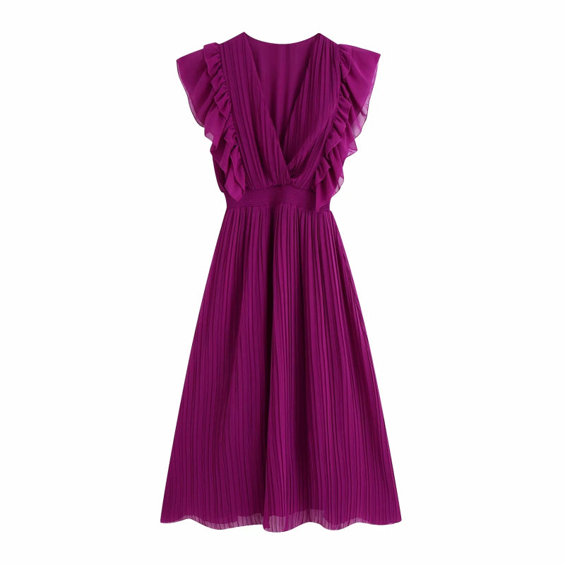 Vintage Women Purple Long Dress Summer Fashion Ladies Elegant Pleated Chiffon Dresses Female Cute Ruffles Dress Girls Chic