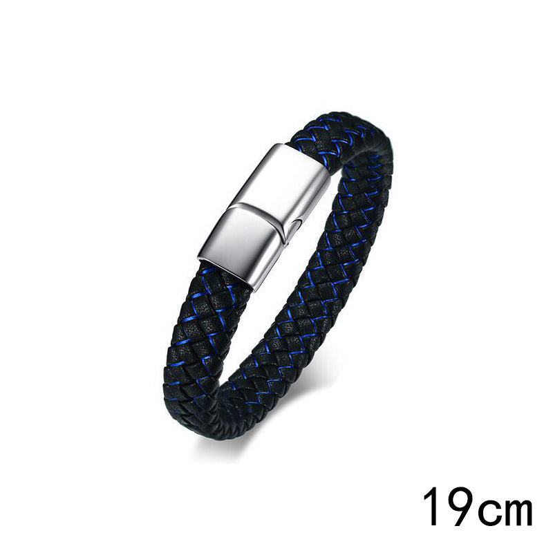 Men's Blue And Black Leather Hand Medical Identification Bracelet