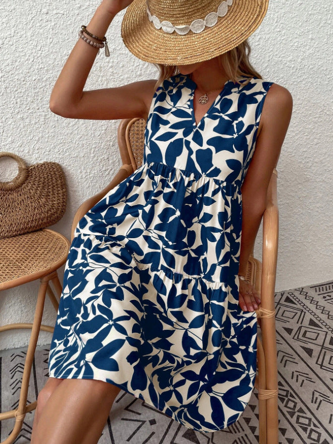 Bohemian Dresses Summer Beach Fashion Loose V-neck Pleated Print Sleeveless Dress For Women