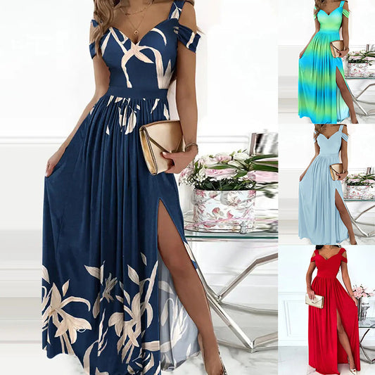 V-neck Boho Spaghetti Strap Dress Women Split Long Flowy Dresses For Party Beach