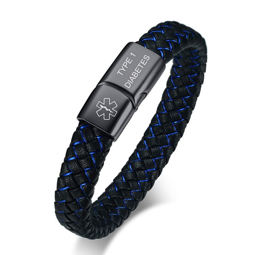 Stainless Medical Bracelet Men's Blue And Black Leather