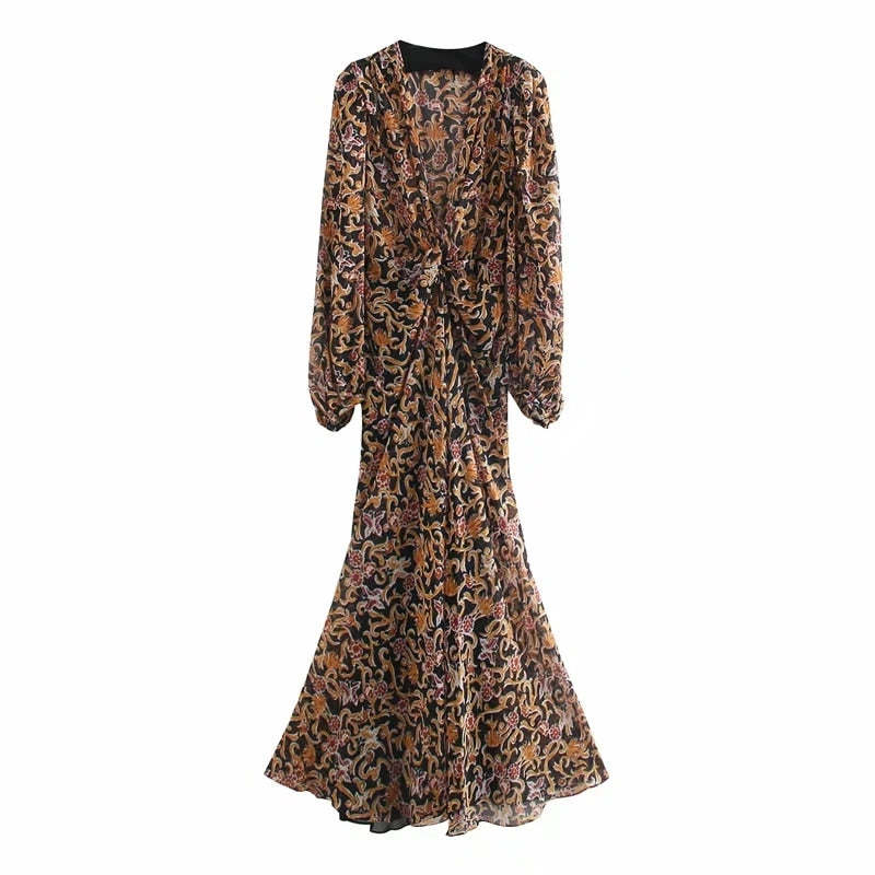 Za Women Dresses Floral Retro Printed V-neck Long sleeves Tulle Dress Woman vintage Goth Long dress