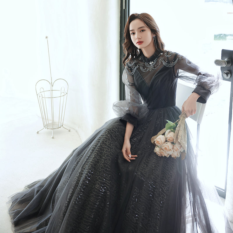 Black Evening Dress Women Light Luxury Annual Long Sleeves