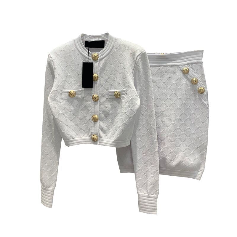 Snap Buttoned Shoulder Pad Diamond Check Blouse Knitted Short Jacket Women