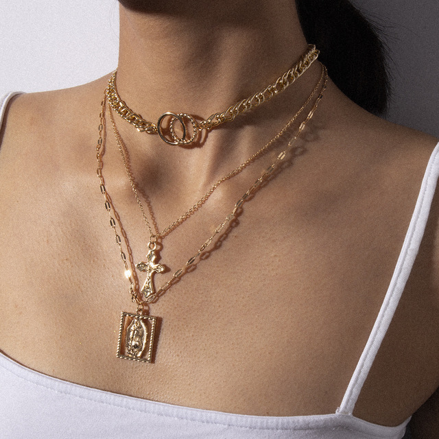 Vintage Multilayer Double Ring Embossed Jesus Necklace