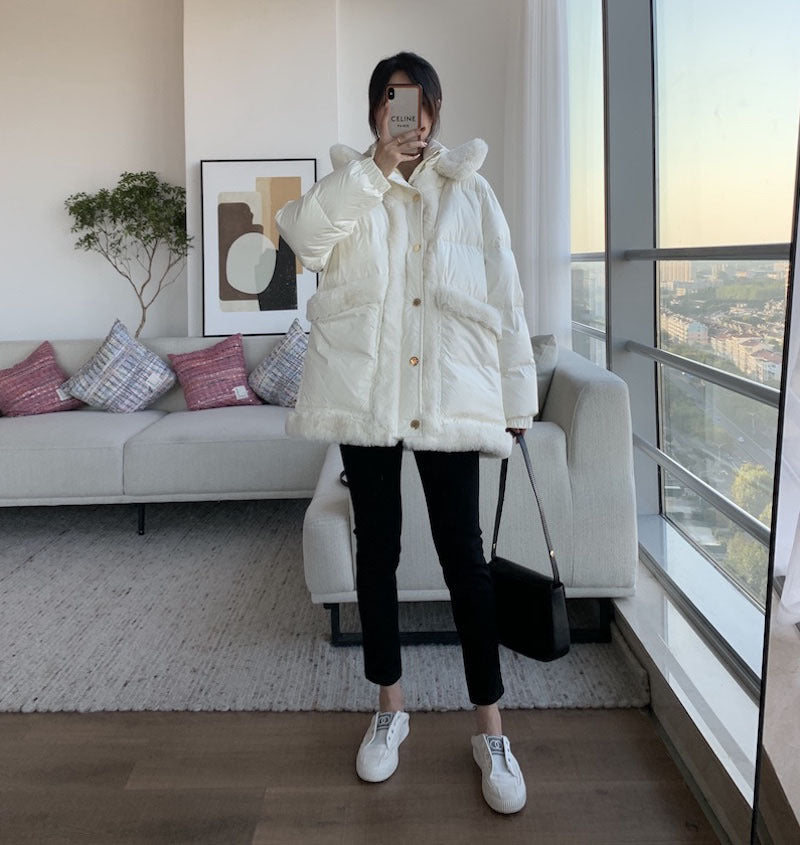 New Fashion Fur Collar Stitching White Temperament Commuter Stand-up Collar Down Jacket Women