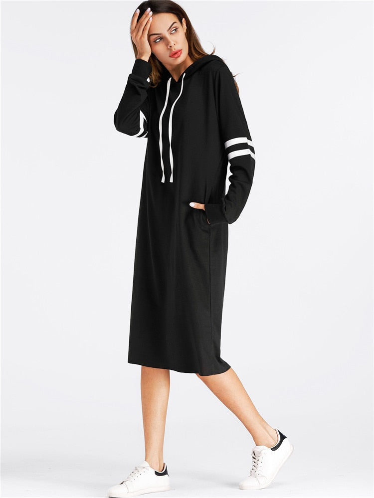 Black Hoodies Dress Women Long Sleeve Striped Casual Tops With Hooded Loose Dresses Spring Autumn Vestidos Pullovers Female