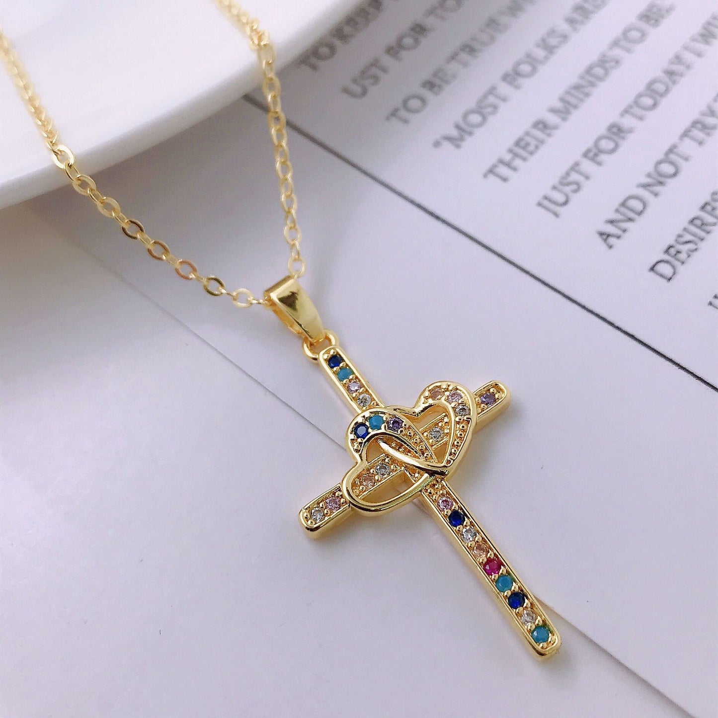 Ins Style High End Gold Plated Zircon Jesus Love Cross Necklace Pendant