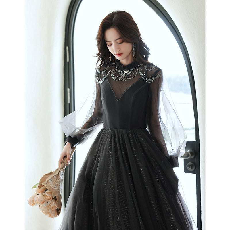 Black Evening Dress Women Light Luxury Annual Long Sleeves