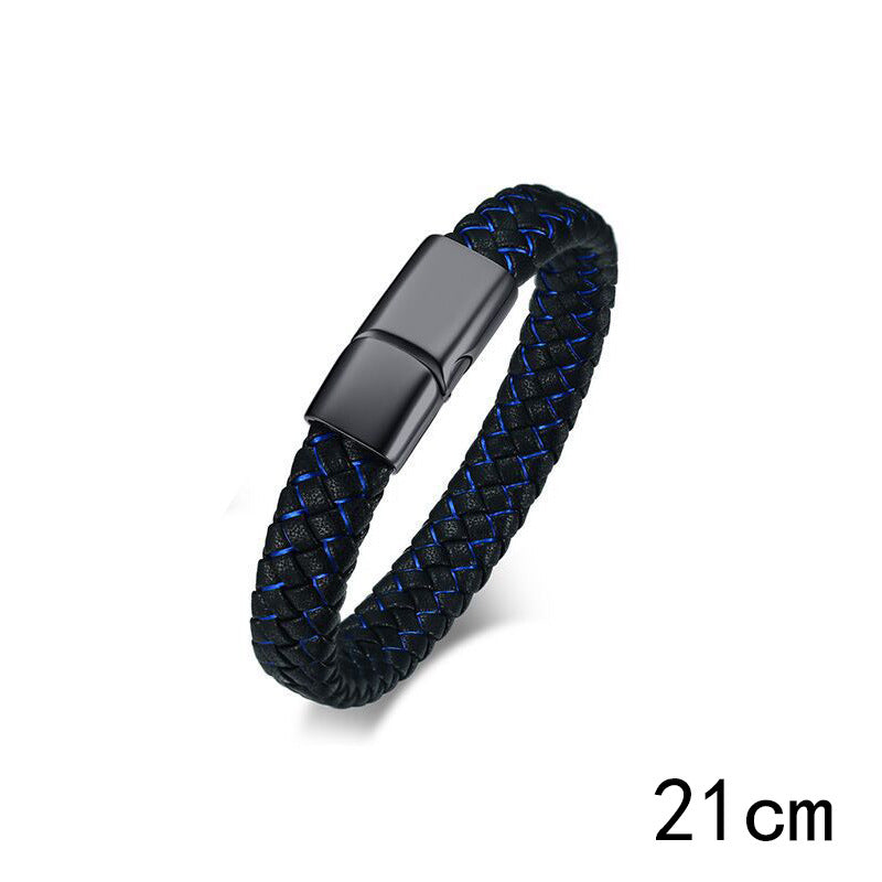 Men's Blue And Black Leather Hand Medical Identification Bracelet