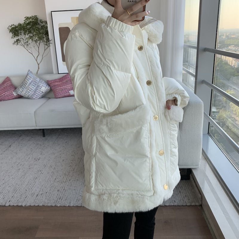 New Fashion Fur Collar Stitching White Temperament Commuter Stand-up Collar Down Jacket Women