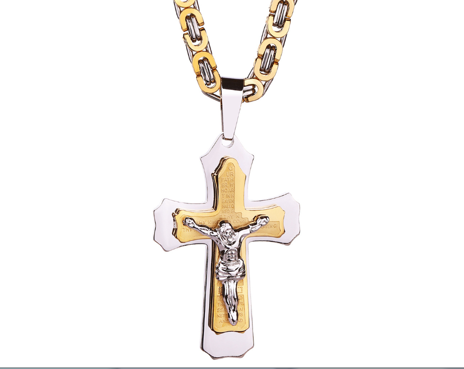 Jesus Bible Scripture Golden Cross Titanium Steel Pendant Necklace