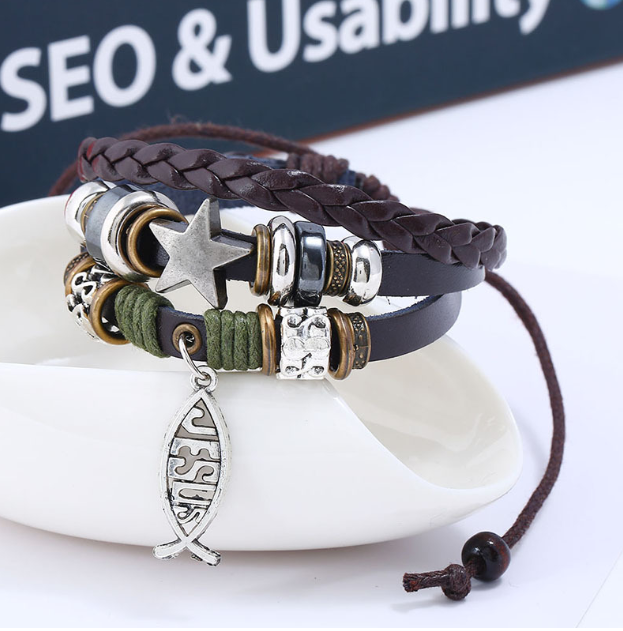 New beaded leather bracelet Jewelry wholesale Factory direct leather bracelet Jesus fish Cross bracelet