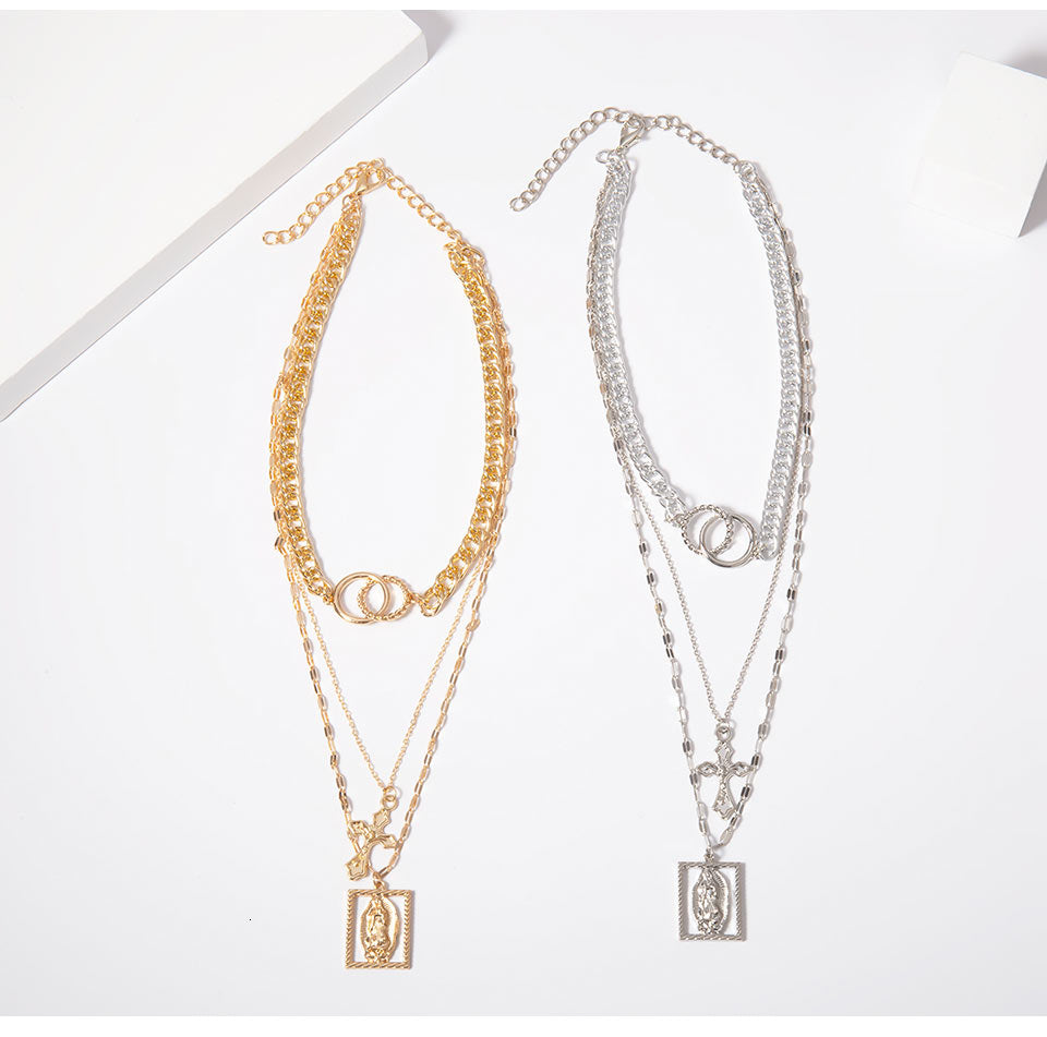 Vintage Multilayer Double Ring Embossed Jesus Necklace
