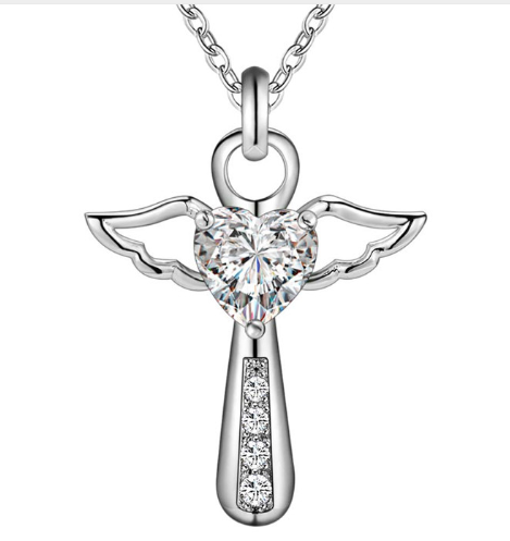 Epacket Drop Shipping Fast Ship Hot Jesus Cross Love Angel Heart Pendant Necklace 18 Inch Wings Silver 925 Women Girl