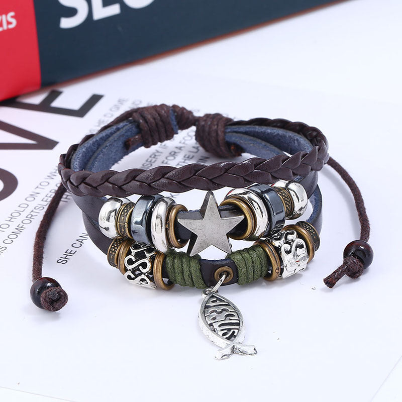 New beaded leather bracelet Jewelry wholesale Factory direct leather bracelet Jesus fish Cross bracelet