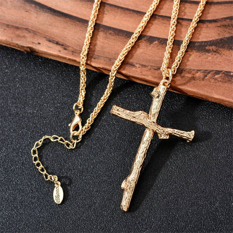 Men's Fashion Jewelry Long Jesus Necklace Wood Grain Cross Necklace