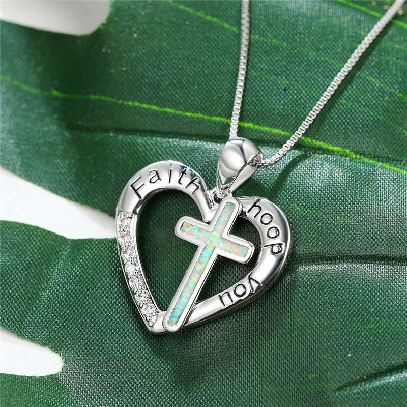 English Imitation Opal Love Heart Shaped Jesus Religion Cross Necklace Pendant Jewelry