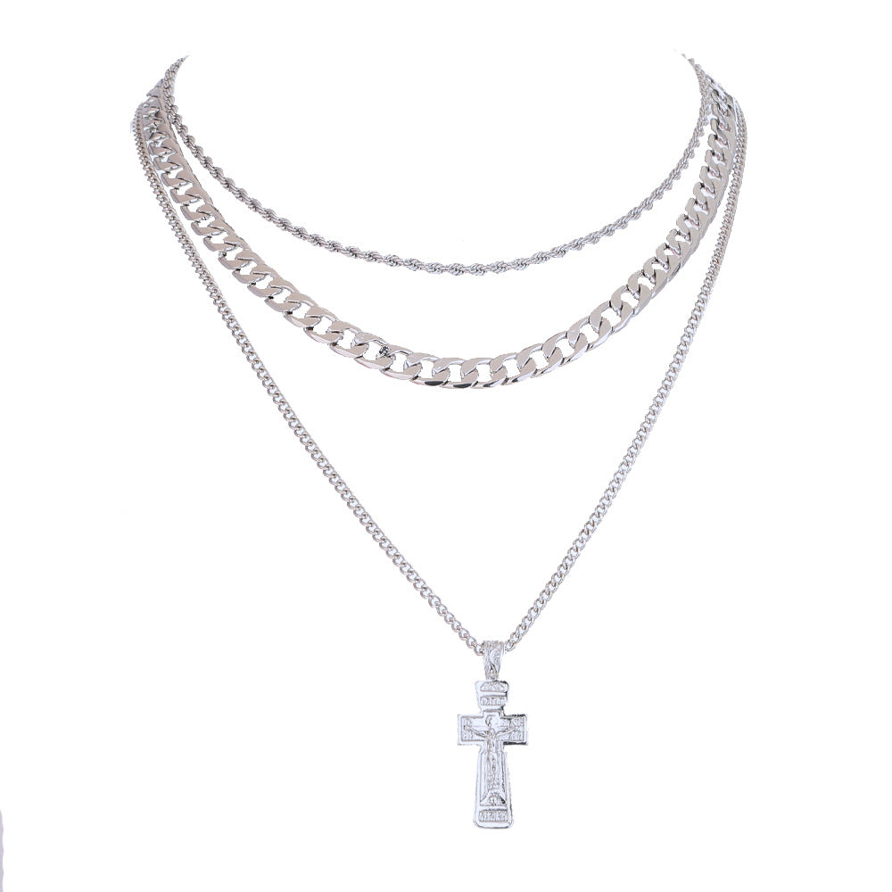 Fashion Cuban Chain Punk Style Multilayer Necklace Jesus Cross