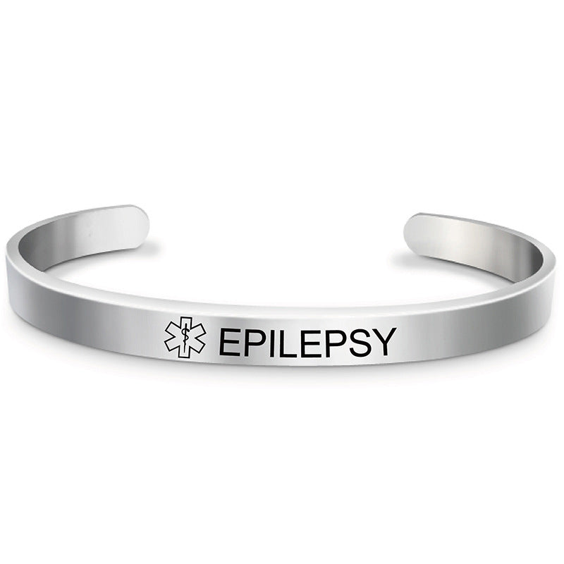 Fashion Silver Plated Medical Alert Cuff Bracelet EPILEPSY Diabetic Allergy Stainless Steel Bangle For Women Men