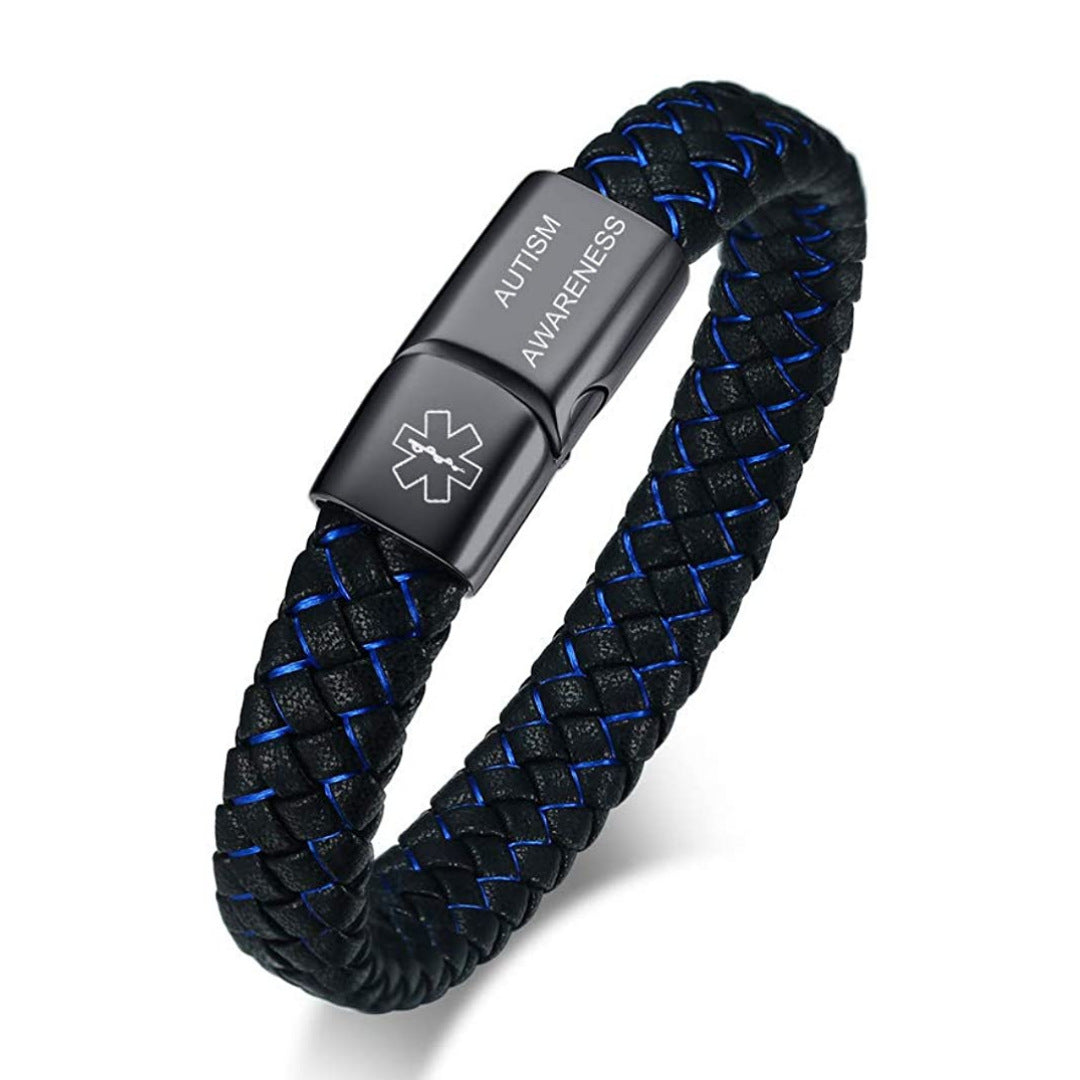 Men's Blue And Black Leather Hand Medical Identification Bracelet