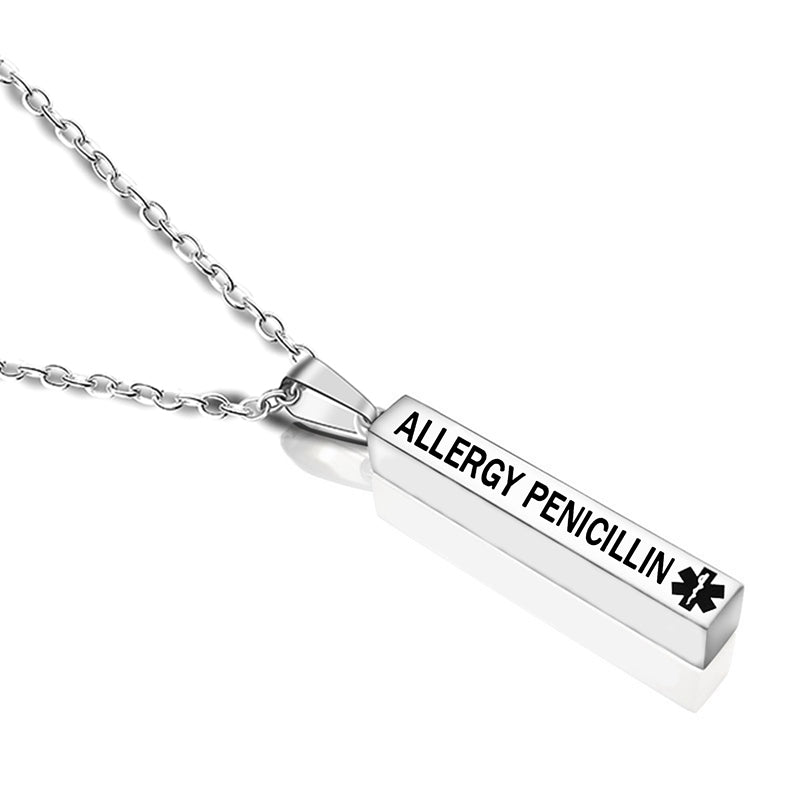 Engraved Medical Alert Stainless Steel Wishing Pillar Pendant Necklace