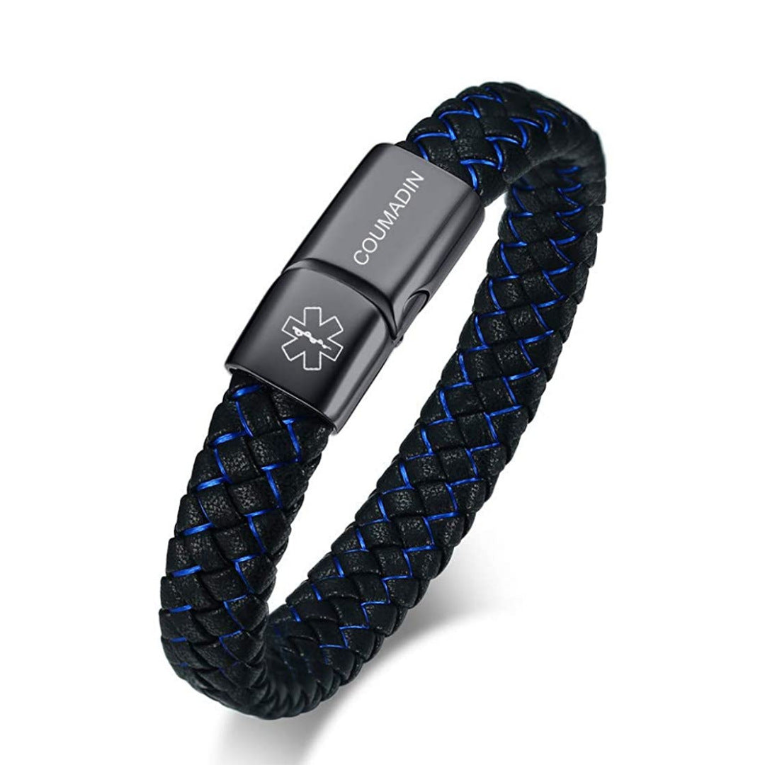 Men's Blue And Black Leather Hand Medical Identification Bracelet