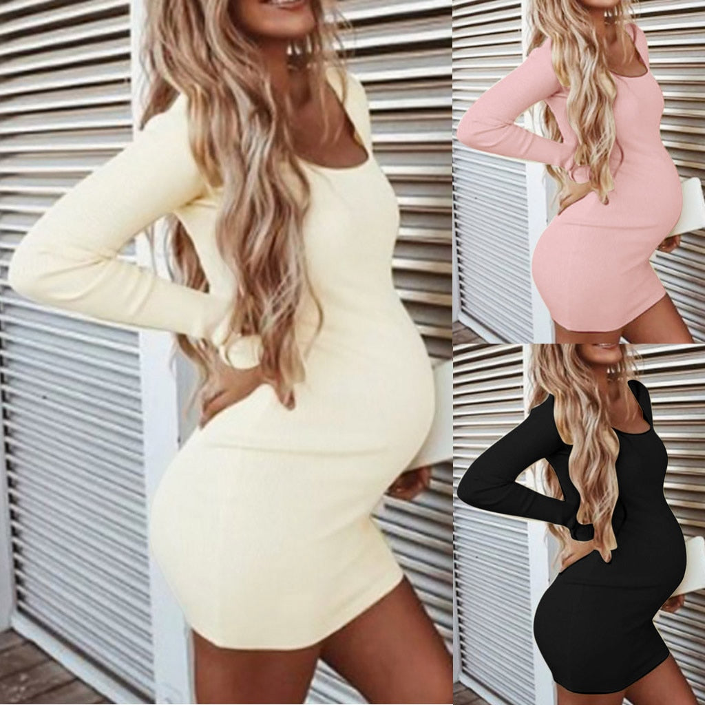 Maternity Winter Dresses Women Pregnant O-Neck Long Sleeve Solid High Elastic Soft Dress Robe Grossesse Props Plus Size Clothing