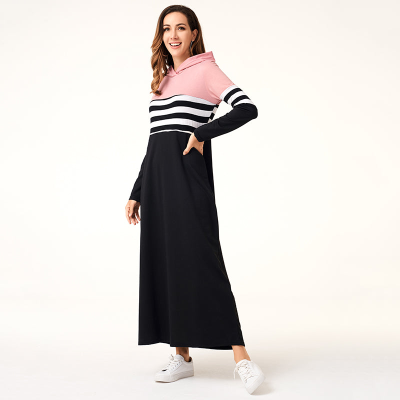 Women Hoodie Dresses Long Sleeve Striped Patchwork Casual