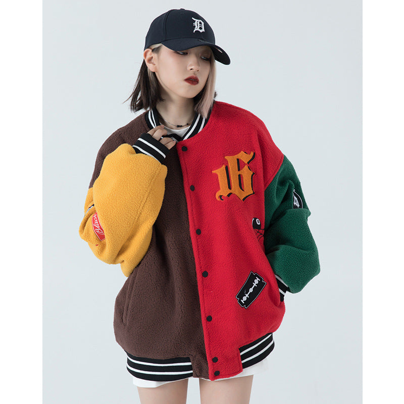 Retro Fashion Brand Lamb Wool Baseball Uniform Jacket Women