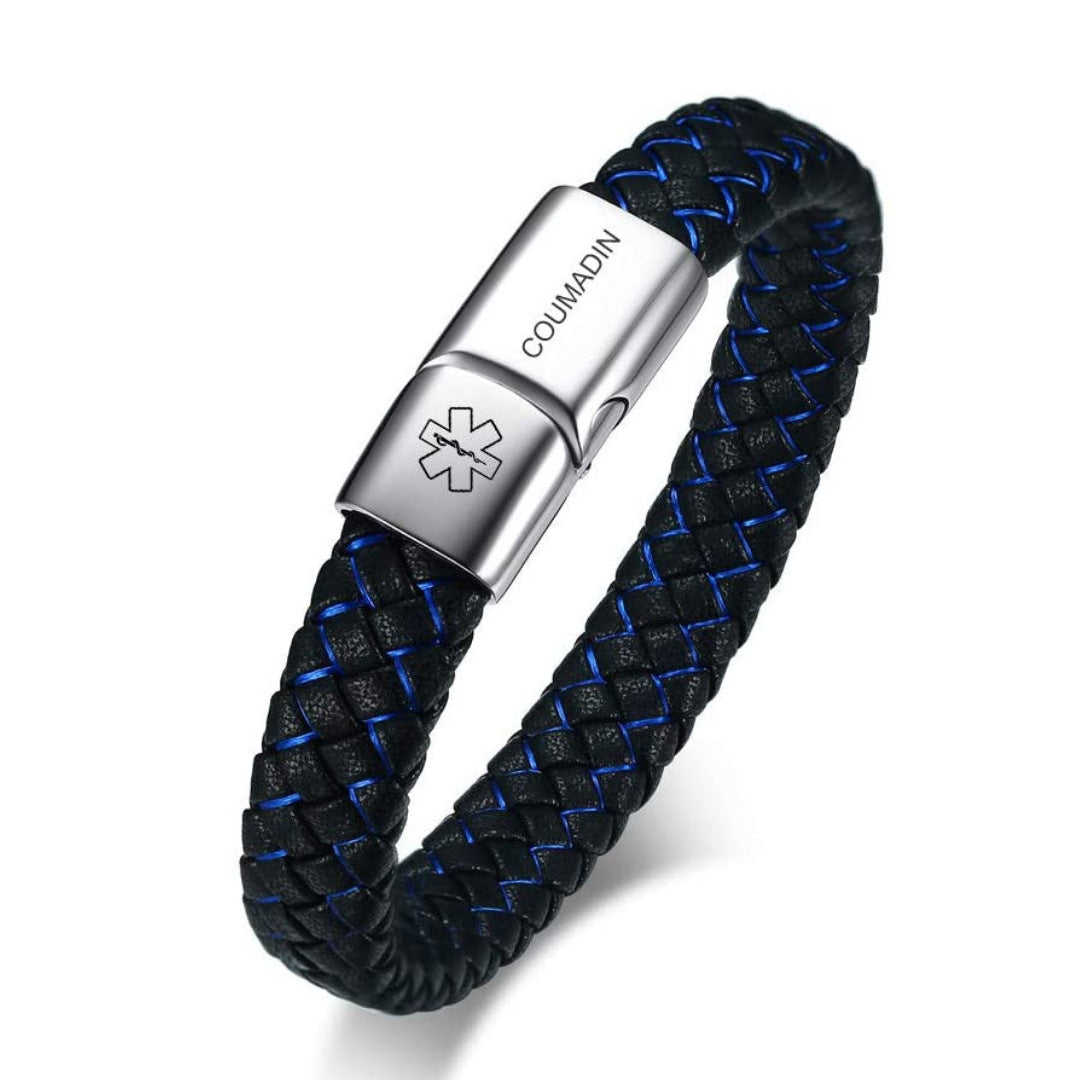 Men's Blue And Black Leather Hand Medical Identification Bracelet