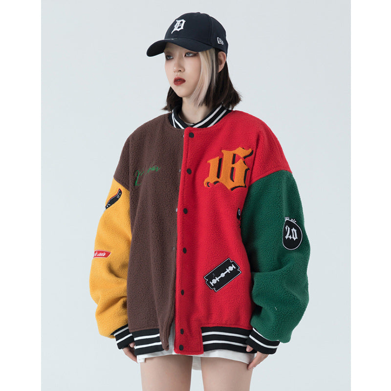 Retro Fashion Brand Lamb Wool Baseball Uniform Jacket Women