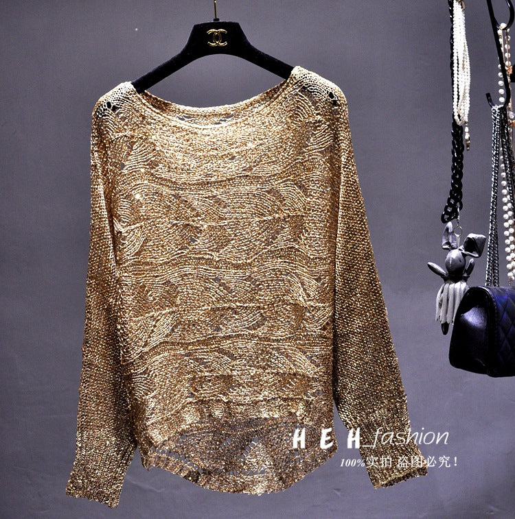 Loose Plus Size Gold Thread Sequined Sweater Long Sleeve