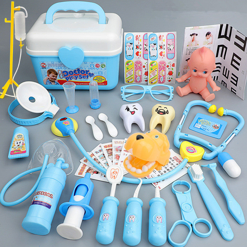 Baby dressed as doctor's medical box toy set