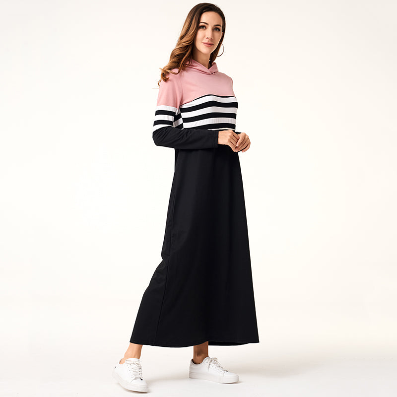 Women Hoodie Dresses Long Sleeve Striped Patchwork Casual