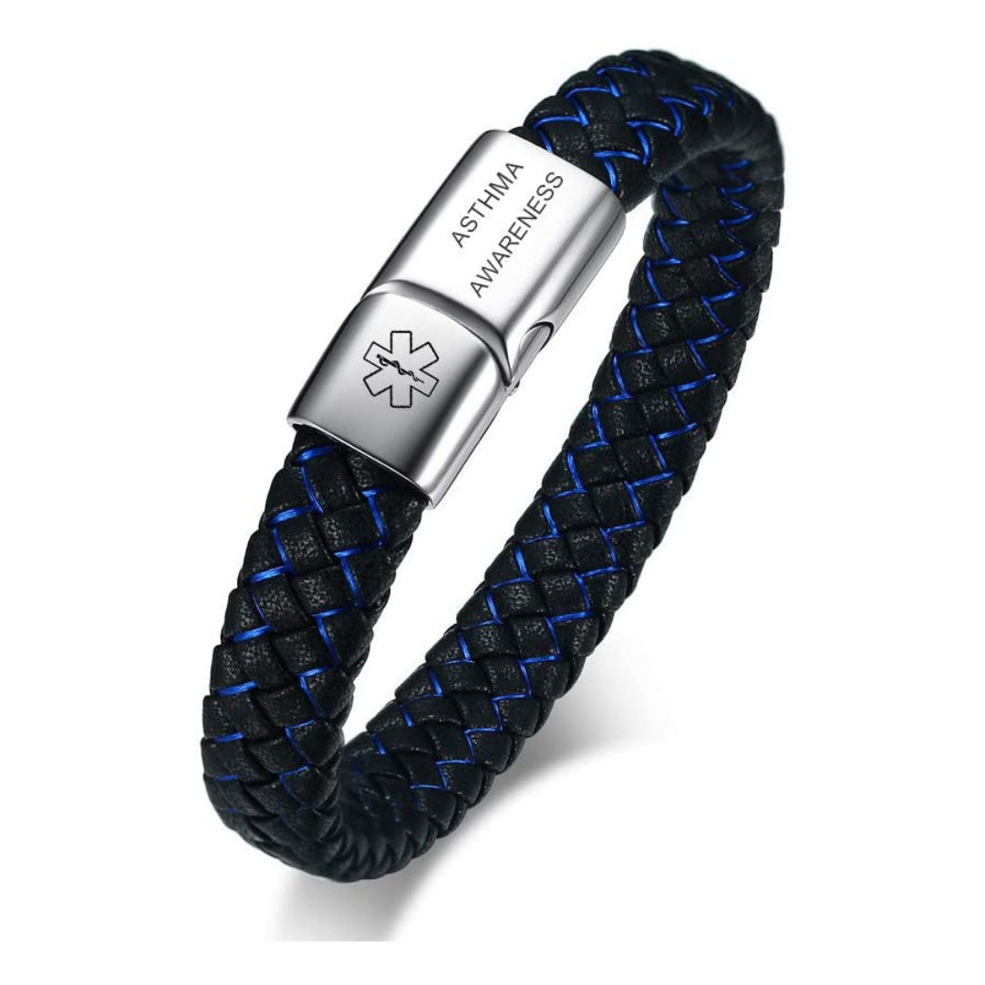 Men's Blue And Black Leather Hand Medical Identification Bracelet