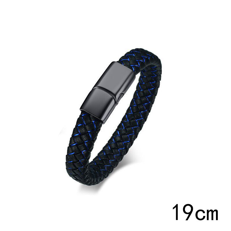 Men's Blue And Black Leather Hand Medical Identification Bracelet