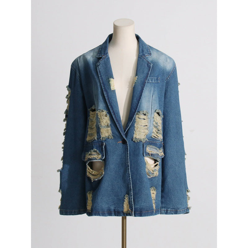 European And American Style Street Lapel Ripped Edging One Button Loose Large Version Denim Coat