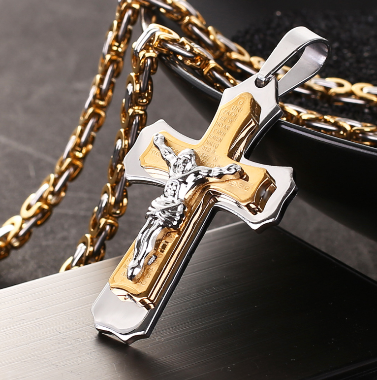 Jesus Bible Scripture Golden Cross Titanium Steel Pendant Necklace