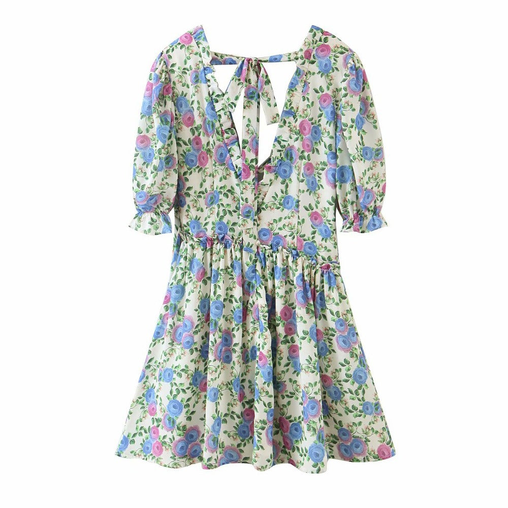 Women Summer Green Floral Chiffon Dresses Holiday Puff Short Sleeve V-Neck Back Lace Up Design Wrap One Piece Dress