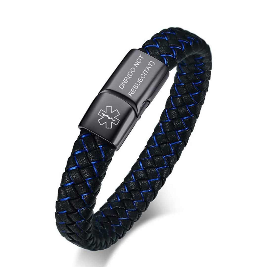 Men's Blue And Black Leather Hand Medical Identification Bracelet