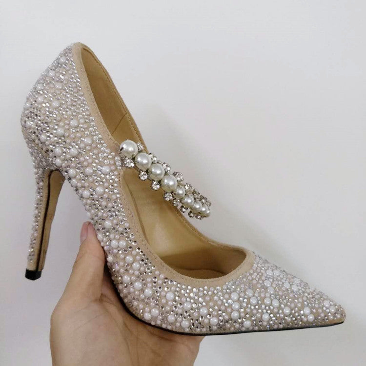 Pointed Shallow Mouth Rhinestones Pearl Flat High Heels Single Shoes Women