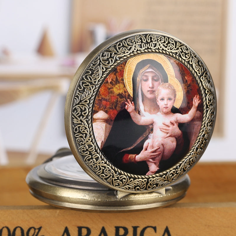 Big Pocket Watch With Virgin Mary And Jesus Motif