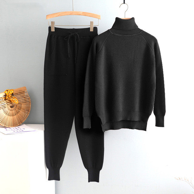 Pieces Set Women Knitted Tracksuit Turtleneck