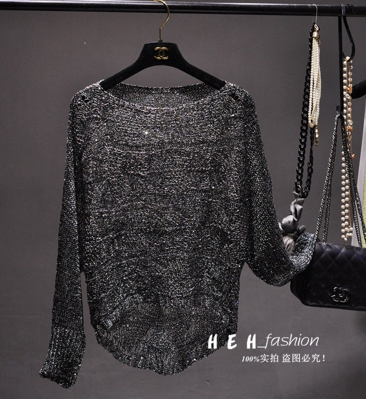 Loose Plus Size Gold Thread Sequined Sweater Long Sleeve